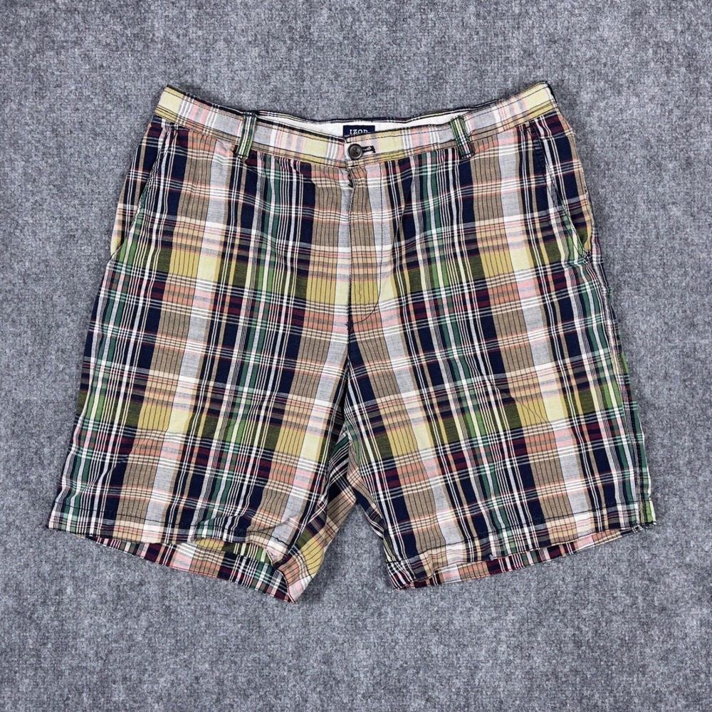 IZOD Plaid Shorts Mens‎ 36 Multicolor Cotton Flat Front Preppy Classic Fit